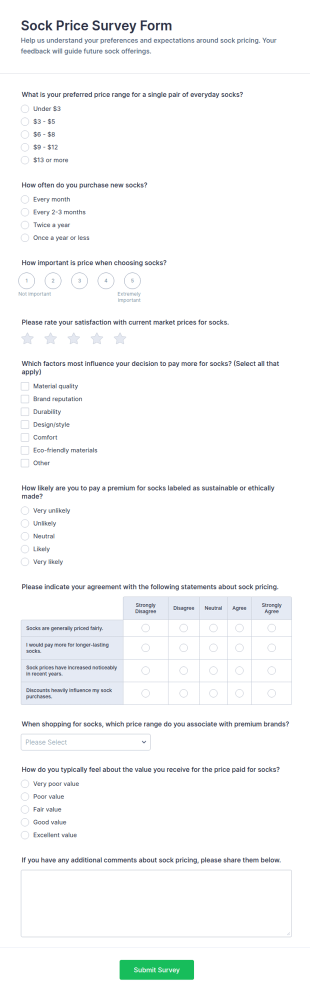 Sock Price Survey Form Template