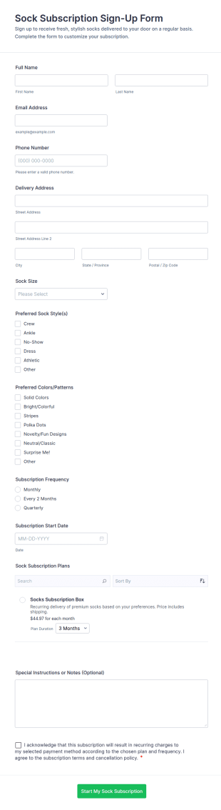 Sock Subscription Sign Up Form Template