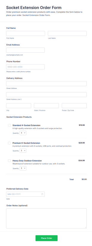 Socket Extension Order Form Template