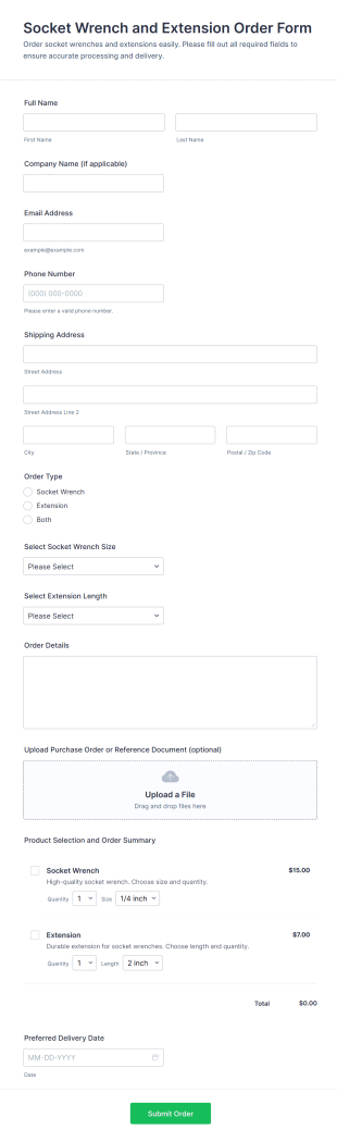 Socket Wrench And Extension Order Form Template