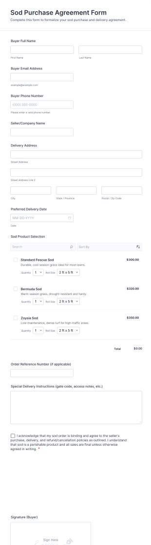 Sod Purchase Agreement Form Template