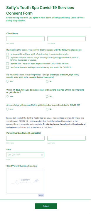 Sofly's Tooth Spa Covid 19 Services Consent Form Template