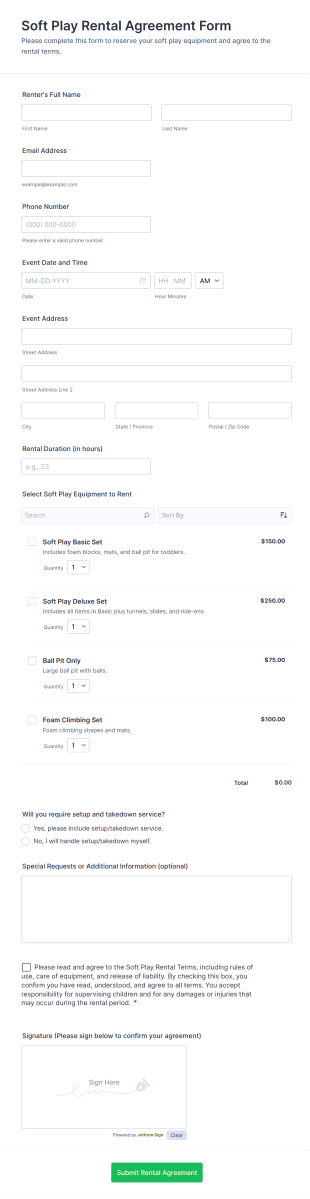 Soft Play Rental Agreement Form Template