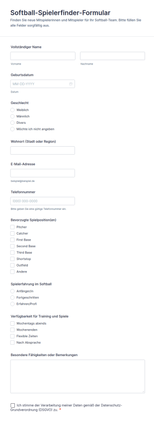 Softball Spielerfinder Formular