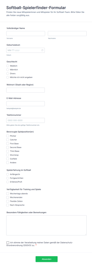 Softball Spielerfinder Formular