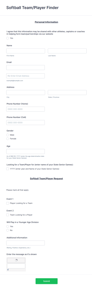 Softball Player Finder Form Template