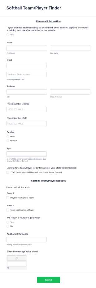Softball Player Finder Form Template