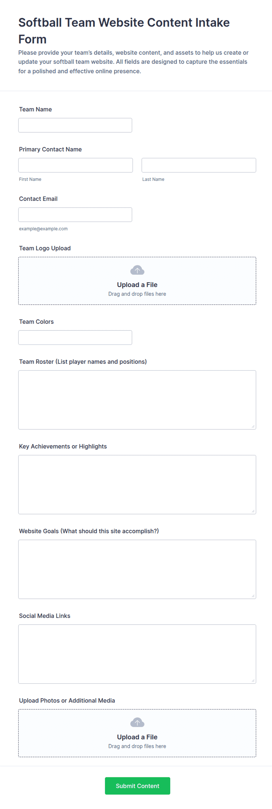 Softball Team Website Content Intake Form Template | Jotform