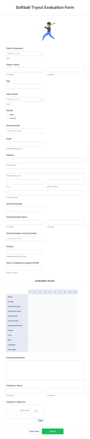 Softball Tryout Evaluation Form Template