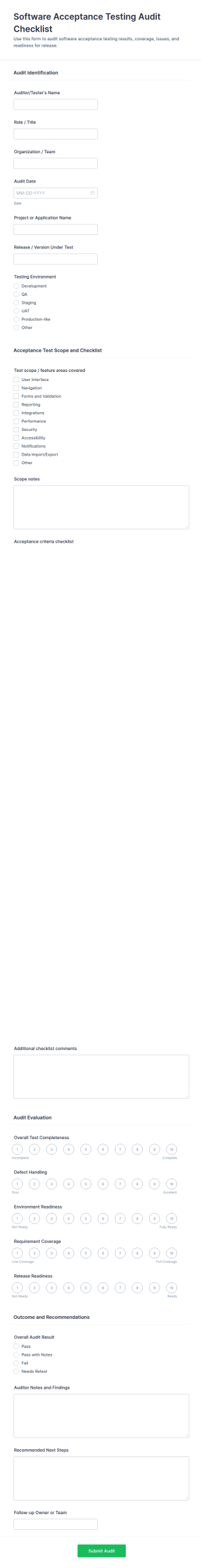 Software Acceptance Testing Audit Checklist Form Template