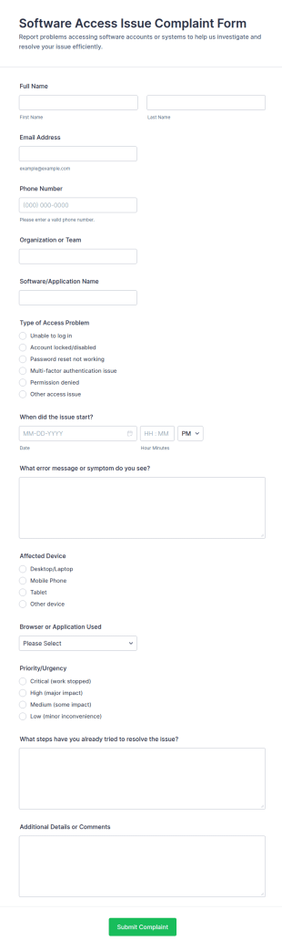 Software Access Issue Complaint Form Template