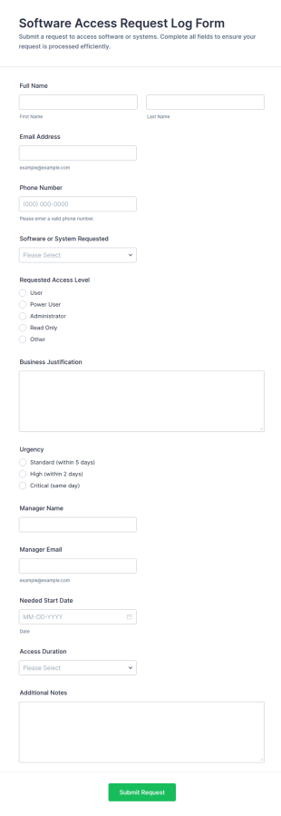 Software Access Request Log Form Template