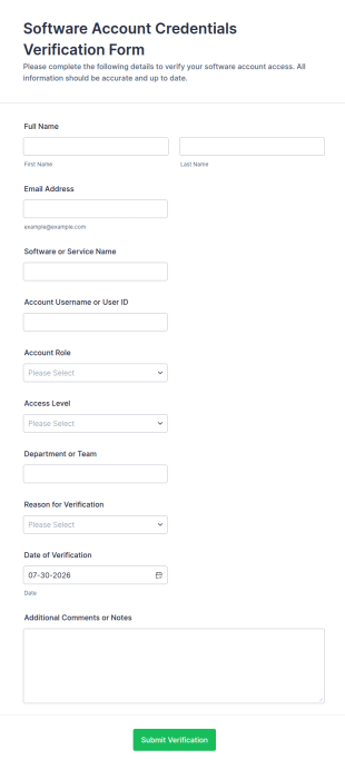Software Account Credentials Verification Form Template