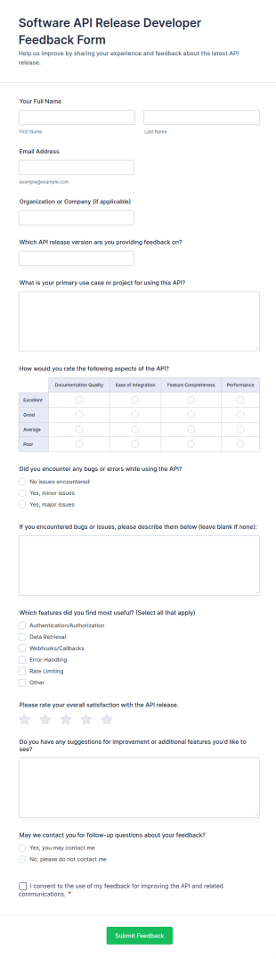 Software API Release Developer Feedback Form Template
