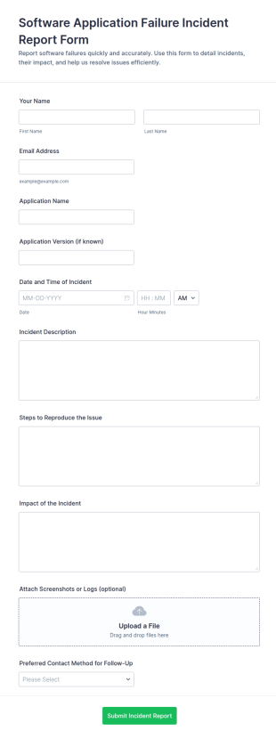 Software Application Failure Incident Report Form Template