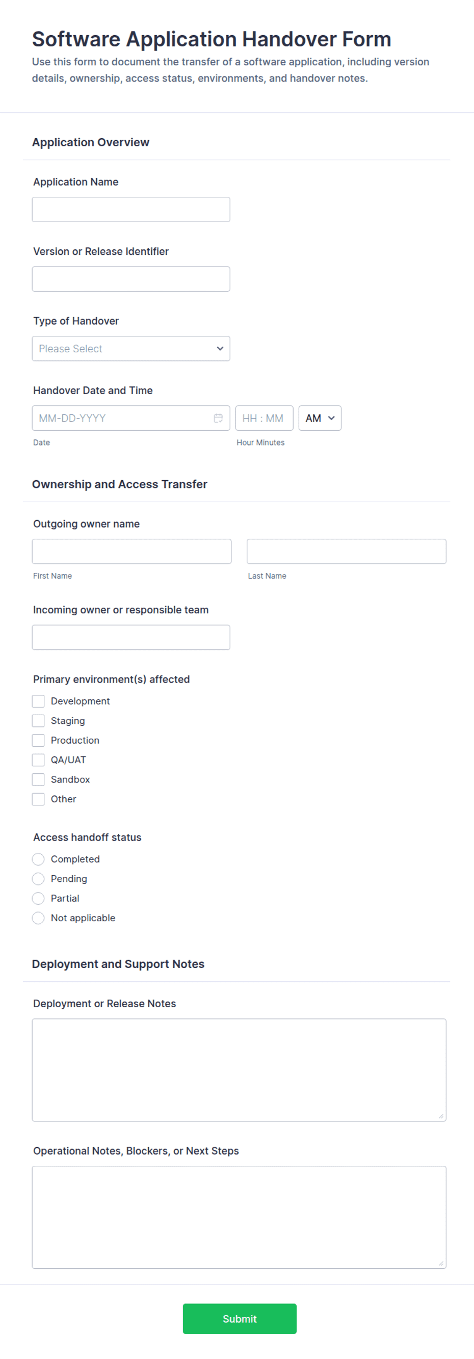 Software Application Handover Form Template | Jotform
