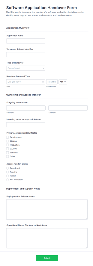 Software Application Handover Form Template