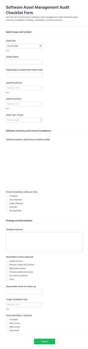 Software Asset Management Audit Checklist Form Template
