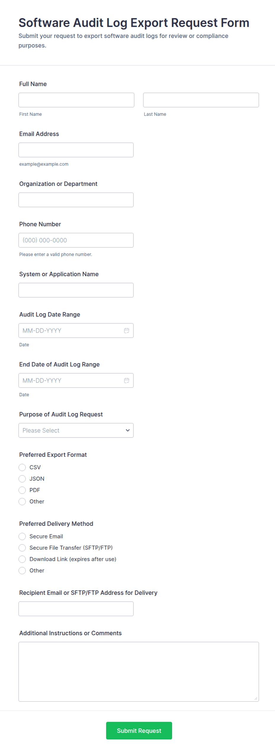 Software Audit Log Export Request Form Template | Jotform