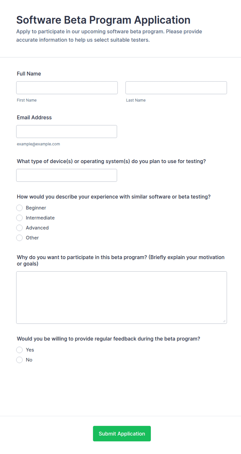Beta Program Software Software Beta Program Application Form Template | Jotform