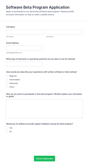 Software Beta Program Application Form Template