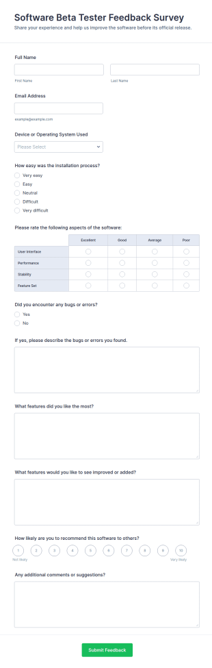 Software Beta Tester Feedback Survey Form Template