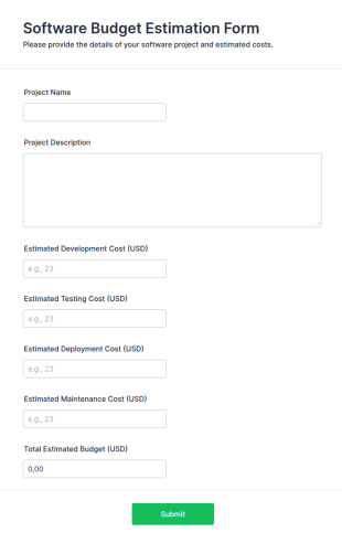 Software Budget Estimation Form Template