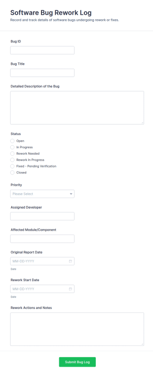 Software Bug Rework Log Form Template