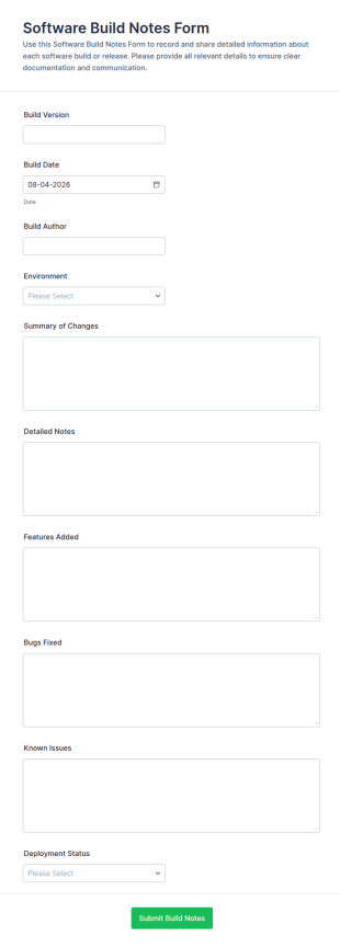 Software Build Notes Form Template
