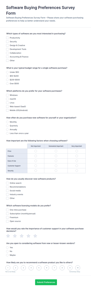 Software Buying Preferences Survey Form Template