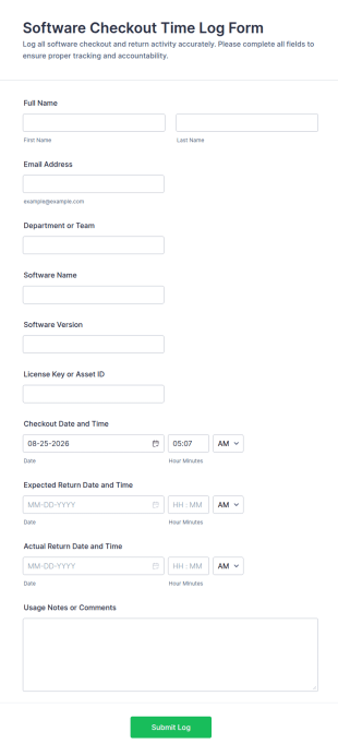 Software Checkout Time Log Form Template