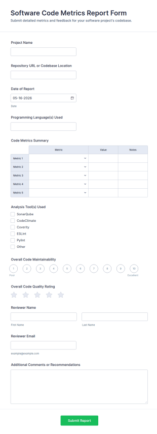 Software Code Metrics Report Form Template