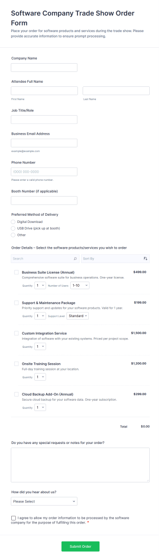 Software Company Trade Show Order Form Template