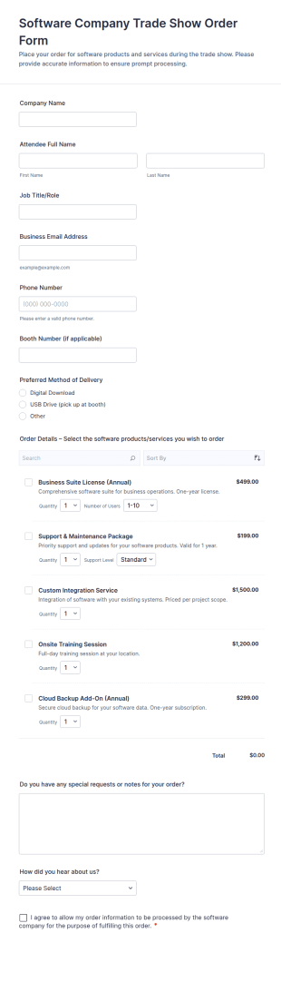 Software Company Trade Show Order Form Template