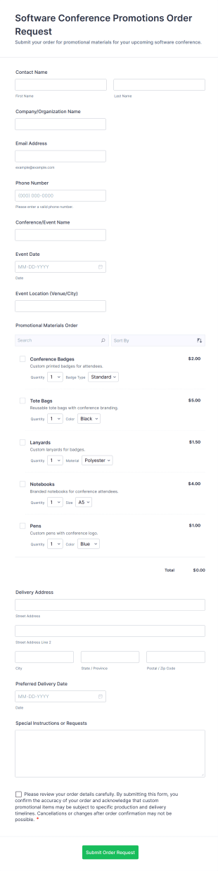 Software Conference Promotions Order Request Form Template