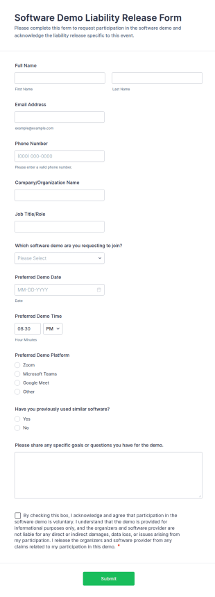 Software Demo Liability Release Form Template