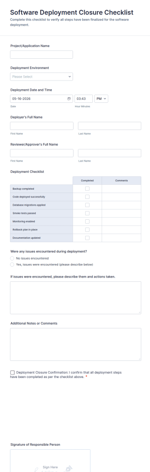 Software Deployment Closure Checklist Form Template