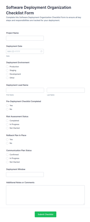 Software Deployment Organization Checklist Form Template