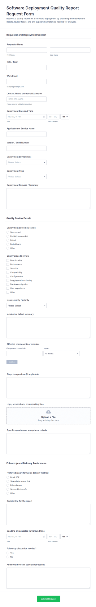 Software Deployment Quality Report Request Form Template
