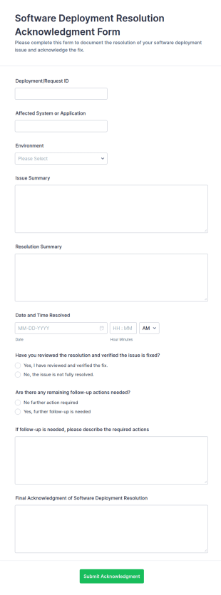 Software Deployment Resolution Acknowledgment Form Template