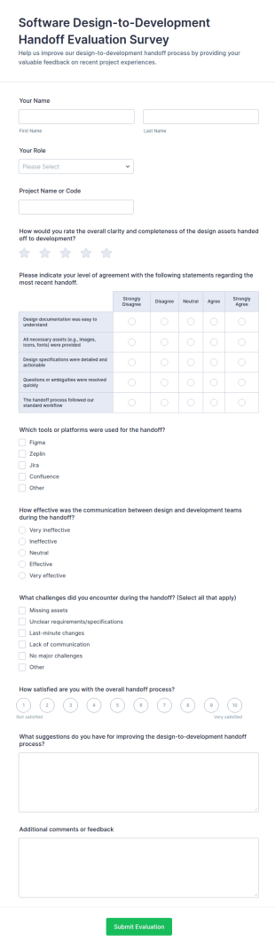 Software Design To Development Handoff Evaluation Survey Form Template