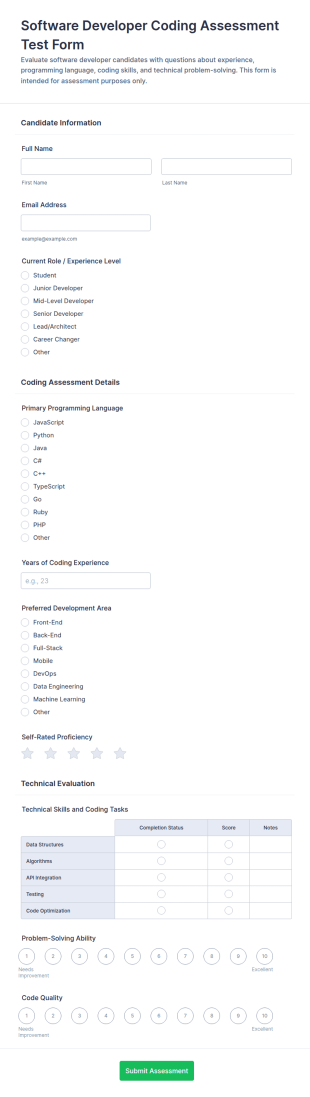 Software Developer Coding Assessment Test Form Template