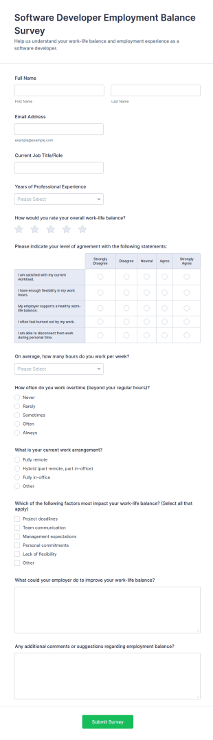 Software Developer Employment Balance Survey Form Template