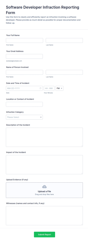 Software Developer Infraction Reporting Form Template