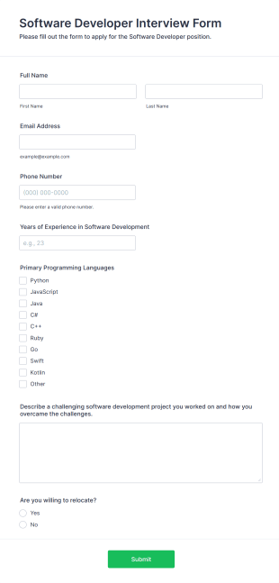 Software Developer Interview Form Form Template