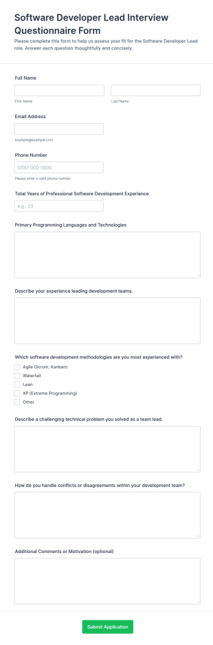 Software Developer Lead Interview Questionnaire Form Template