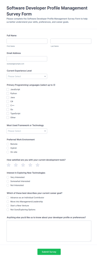 Software Developer Profile Management Survey Form Template