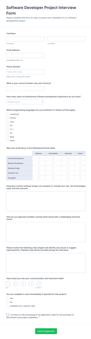 Software Developer Project Interview Form Form Template