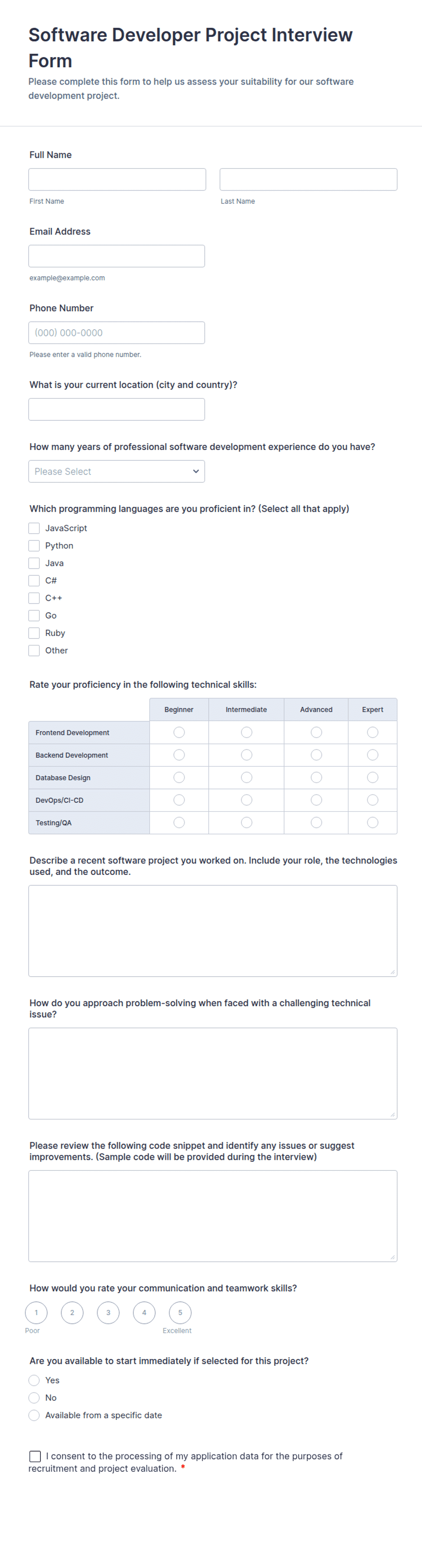 Software Developer Project Interview Form Template | Jotform