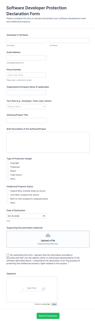 Software Developer Protection Declaration Form Template